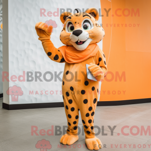 Mascot character of a Orange Cheetah dressed with a Sheath Dress and Mittens