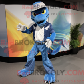 Mascot character of a Blue Utahraptor dressed with a Bootcut Jeans and Gloves