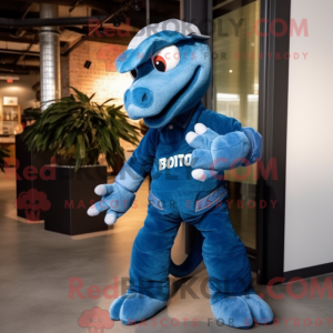 Mascot character of a Blue Utahraptor dressed with a Bootcut Jeans and Gloves