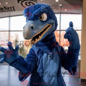 Mascot character of a Blue Utahraptor dressed with a Bootcut Jeans and Gloves