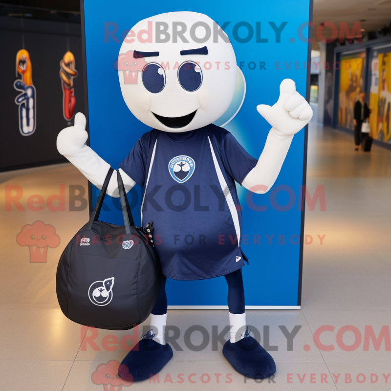 Mascot character of a Navy Handball Ball dressed with a Yoga Pants and Tote bags