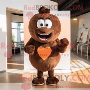 Mascot character of a Brown Heart dressed with a Shift Dress and Suspenders