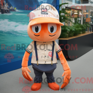Mascot character of a Orange Shrimp Scampi dressed with a Chinos and Caps