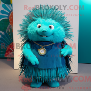 Mascot character of a Turquoise Porcupine dressed with a A-Line Dress and Keychains