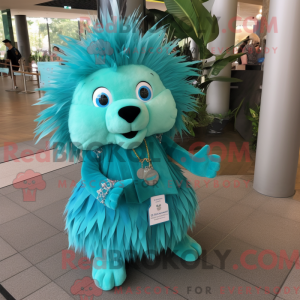 Mascot character of a Turquoise Porcupine dressed with a A-Line Dress and Keychains