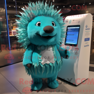 Mascot character of a Turquoise Porcupine dressed with a A-Line Dress and Keychains