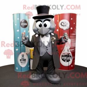 Mascot character of a Gray Soda Can dressed with a Tuxedo and Briefcases