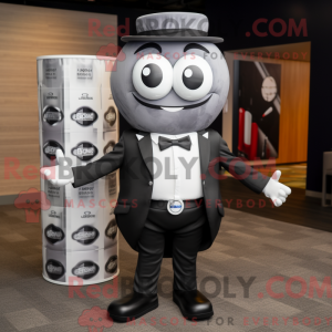 Mascot character of a Gray Soda Can dressed with a Tuxedo and Briefcases