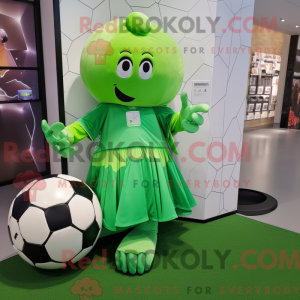 Mascot character of a Green Soccer Goal dressed with a Ball Gown and Wallets