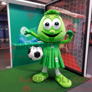 Mascot character of a Green Soccer Goal dressed with a Ball Gown and Wallets