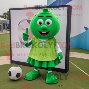 Mascot character of a Green Soccer Goal dressed with a Ball Gown and Wallets