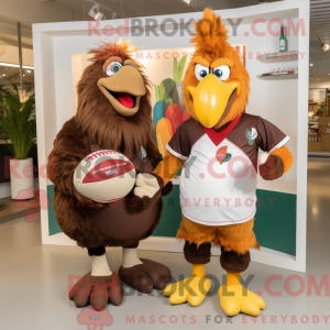 Mascot character of a Brown Rooster dressed with a Rugby Shirt and Wraps