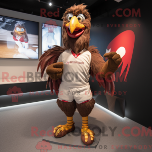 Mascot character of a Brown Rooster dressed with a Rugby Shirt and Wraps