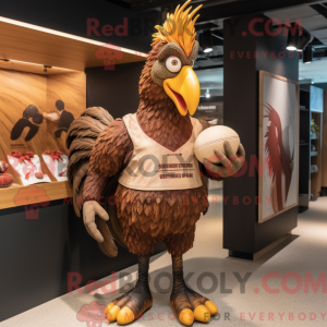 Mascot character of a Brown Rooster dressed with a Rugby Shirt and Wraps