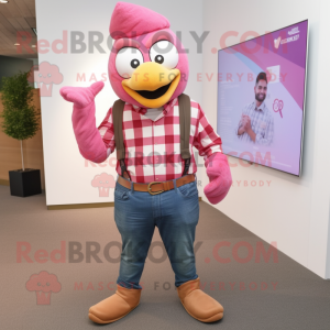 Pink Tandoori Chicken mascot costume character dressed with a Flannel Shirt and Keychains