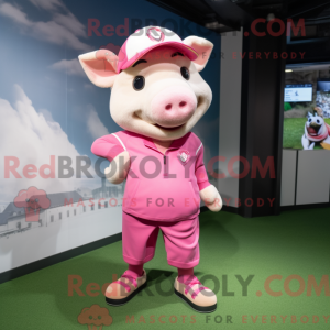 Mascot character of a Pink Sow dressed with a Joggers and Hats