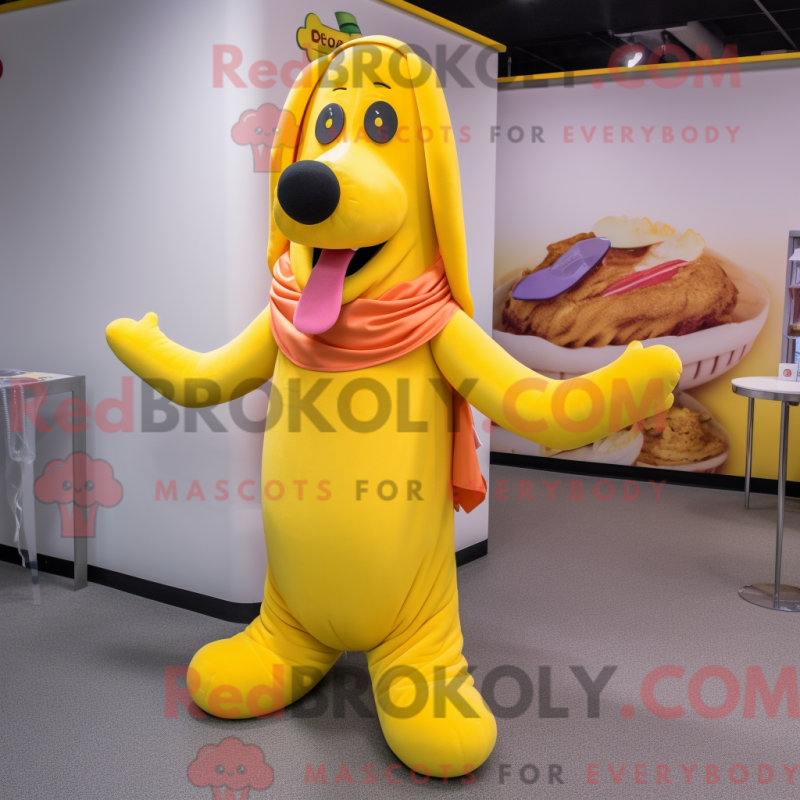 Mascot character of a Yellow Hot Dogs dressed with a Wrap Dress and Anklets