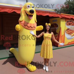 Mascot character of a Yellow Hot Dogs dressed with a Wrap Dress and Anklets