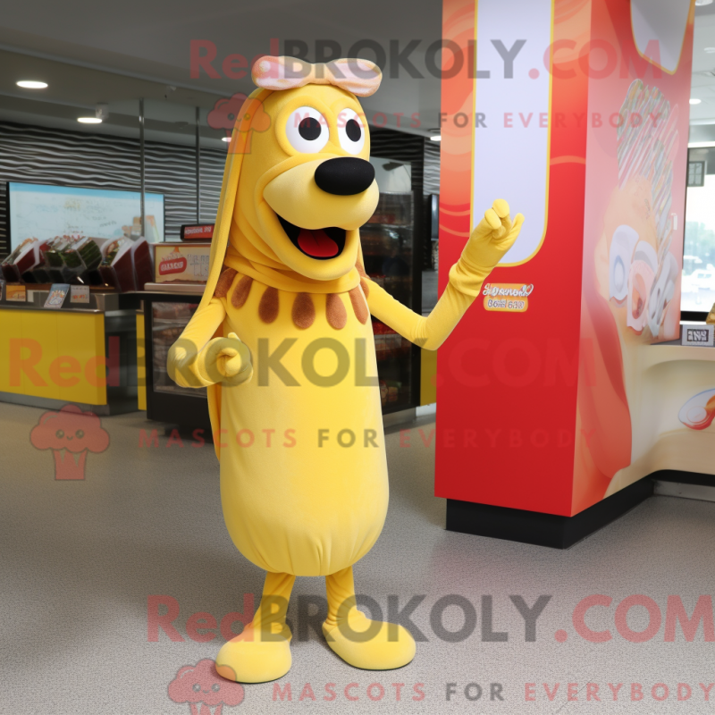 Mascot character of a Yellow Hot Dogs dressed with a Wrap Dress and Anklets