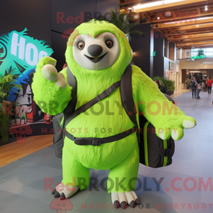 Mascot character of a Lime Green Giant Sloth dressed with a T-Shirt and Backpacks