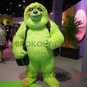 Mascot character of a Lime Green Giant Sloth dressed with a T-Shirt and Backpacks