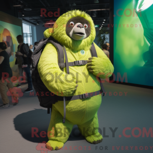 Mascot character of a Lime Green Giant Sloth dressed with a T-Shirt and Backpacks