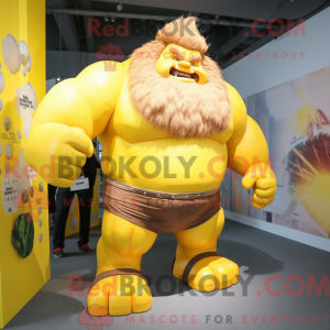 Mascot character of a Yellow Strongman dressed with a Trousers and Hair clips