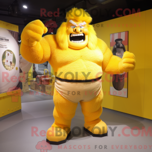 Mascot character of a Yellow Strongman dressed with a Trousers and Hair clips