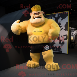 Mascot character of a Yellow Strongman dressed with a Trousers and Hair clips