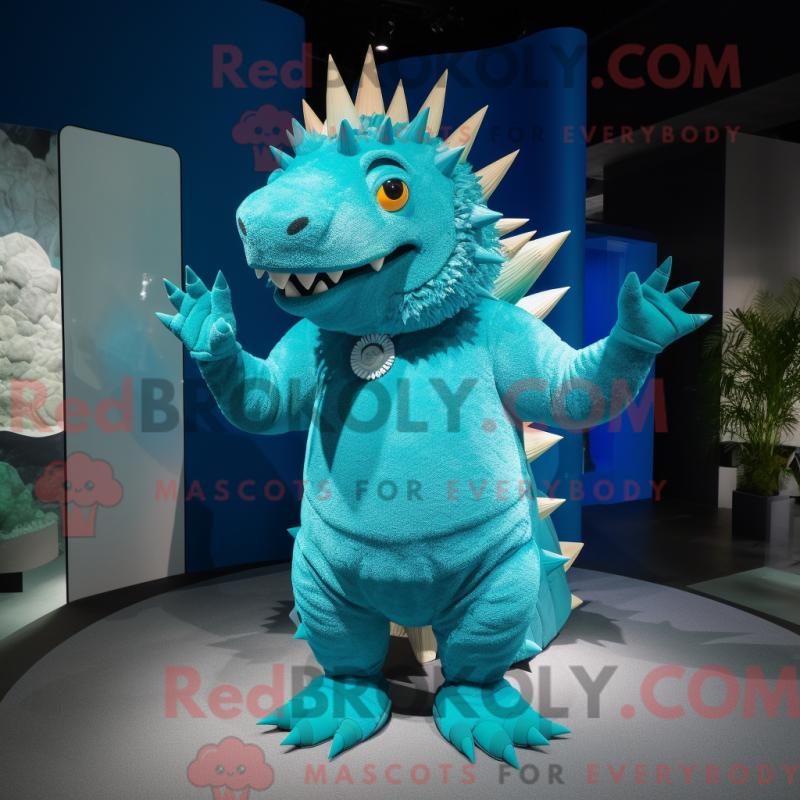 Mascot character of a Cyan Stegosaurus dressed with a Long Sleeve Tee and Brooches