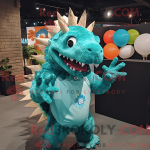 Mascot character of a Cyan Stegosaurus dressed with a Long Sleeve Tee and Brooches