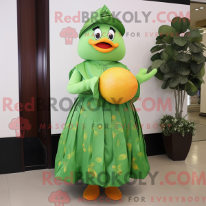 Mascot character of a Green Mandarin dressed with a A-Line Skirt and Earrings