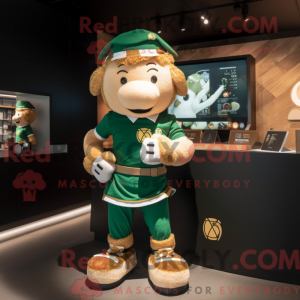 Mascot character of a Gold Irish Flag dressed with a Rugby Shirt and Digital watches