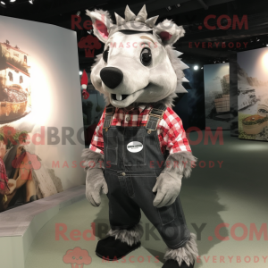 Mascot character of a Silver Wild Boar dressed with a Dungarees and Wallets