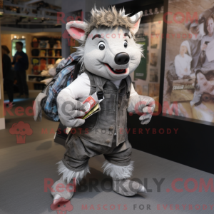 Mascot character of a Silver Wild Boar dressed with a Dungarees and Wallets