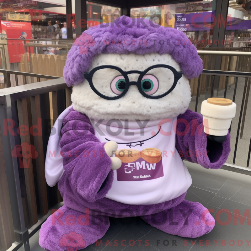 Mascot character of a Purple Dim Sum dressed with a Sweater and Reading glasses