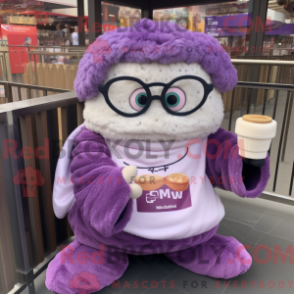Mascot character of a Purple Dim Sum dressed with a Sweater and Reading glasses