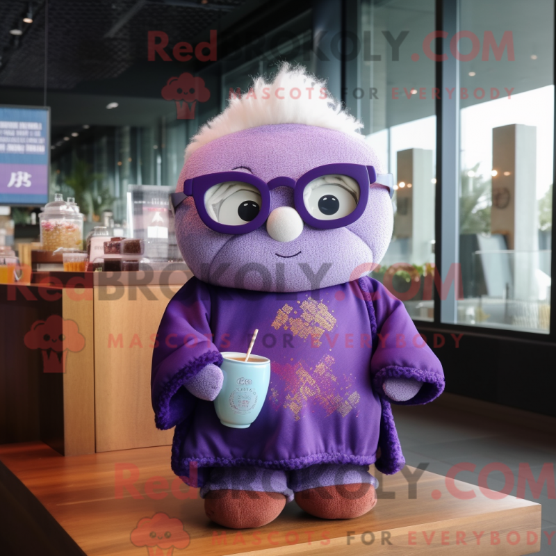 Mascot character of a Purple Dim Sum dressed with a Sweater and Reading glasses