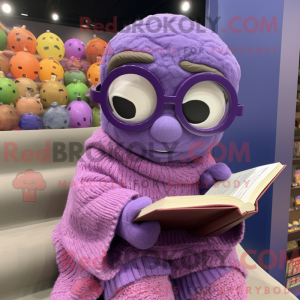 Mascot character of a Purple Dim Sum dressed with a Sweater and Reading glasses