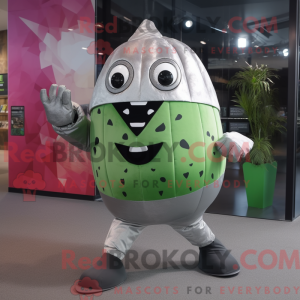 Mascot character of a Silver Watermelon dressed with a Bodysuit and Backpacks