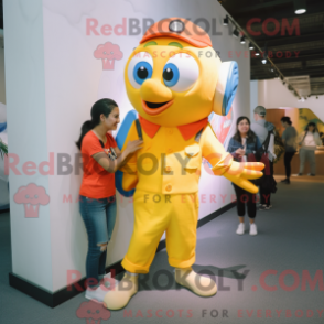 Mascot character of a Yellow Clown Fish dressed with a Mom Jeans and Bracelet watches