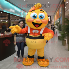 Mascot character of a Yellow Clown Fish dressed with a Mom Jeans and Bracelet watches