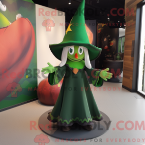 Mascot character of a Forest Green Witch'S Hat dressed with a Mini Dress and Beanies