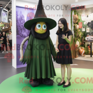 Mascot character of a Forest Green Witch'S Hat dressed with a Mini Dress and Beanies