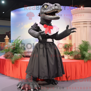 Mascot character of a Black Tyrannosaurus dressed with a Pleated Skirt and Shawls
