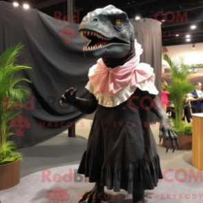 Mascot character of a Black Tyrannosaurus dressed with a Pleated Skirt and Shawls