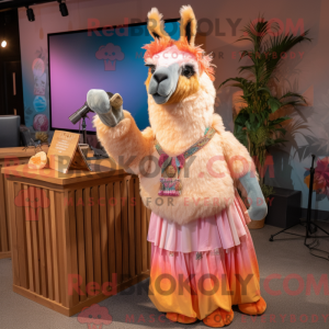 Mascot character of a Peach Llama dressed with a Maxi Skirt and Ties