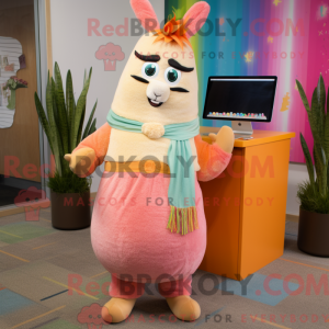 Mascot character of a Peach Llama dressed with a Maxi Skirt and Ties
