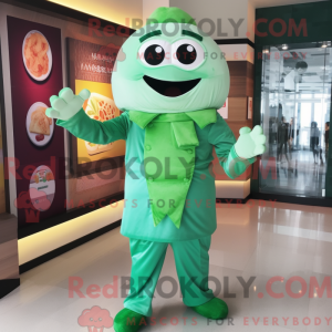 Mascot character of a Green Dim Sum dressed with a Playsuit and Cufflinks