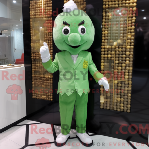 Mascot character of a Green Dim Sum dressed with a Playsuit and Cufflinks